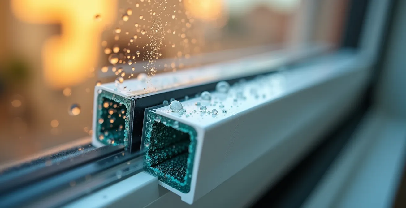 Sección transversal de ventana mostrando capas de vidrio y cámara de gas argón