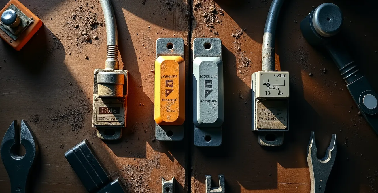 Comparación visual entre fusibles cerámicos antiguos y magnetotérmicos modernos sobre mesa de trabajo