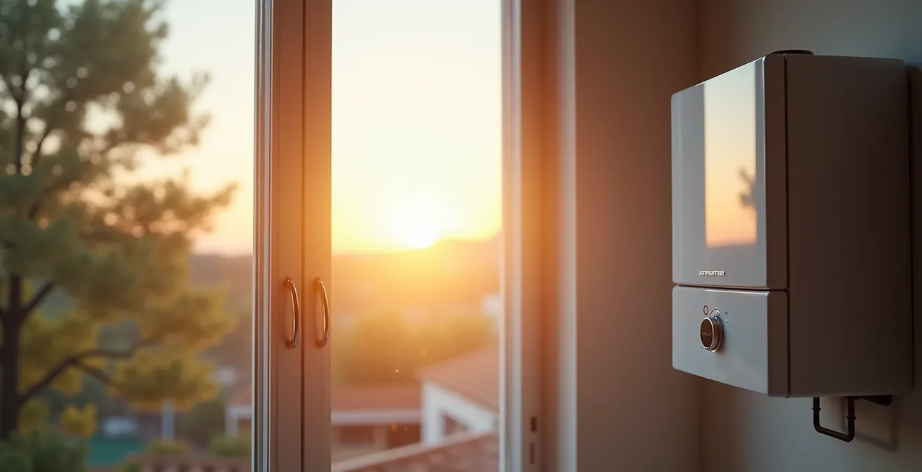 Comparación visual entre ventana de PVC con rotura de puente térmico y caldera de condensación en vivienda española