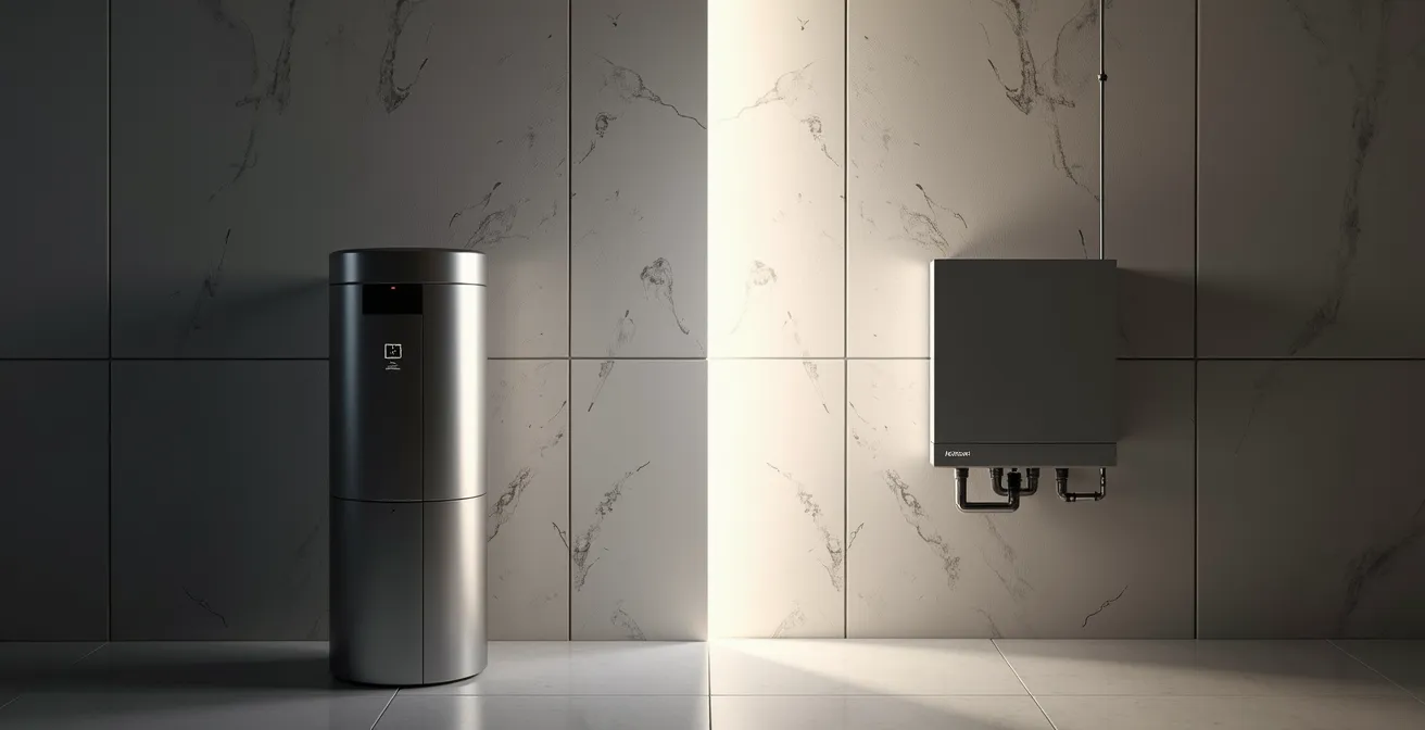 Comparación visual entre depósito de inercia tradicional y sistema compacto para pisos