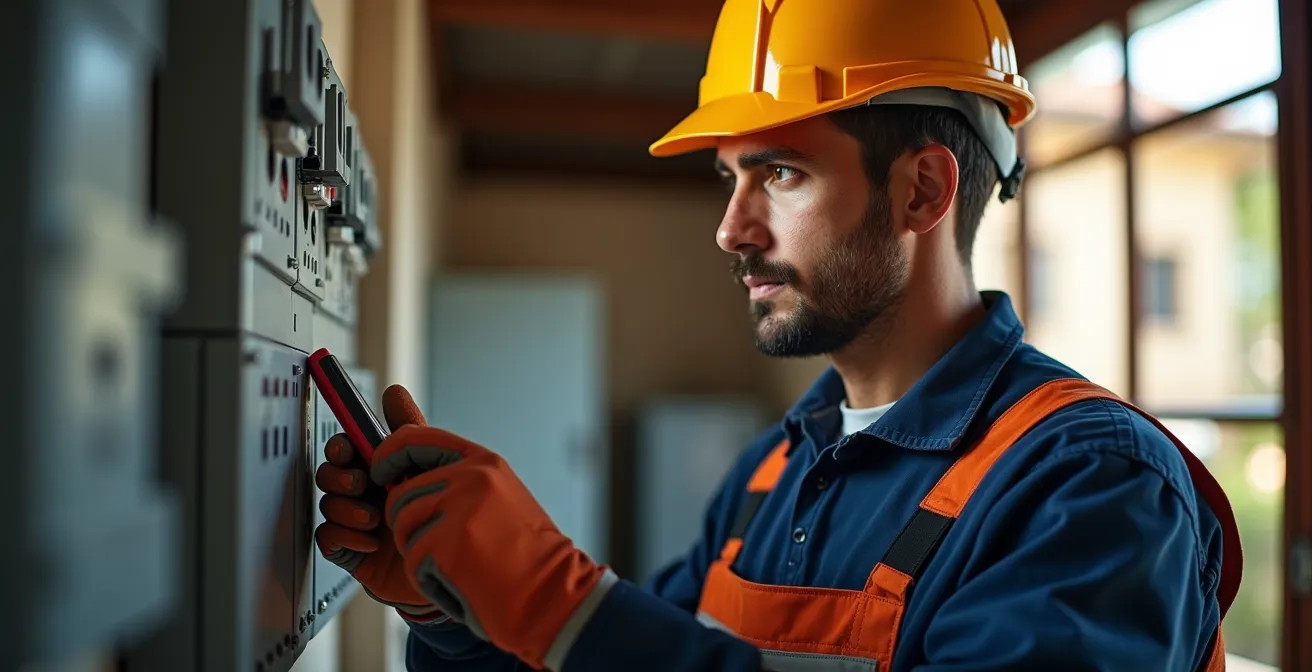 Electricista profesional con equipamiento de seguridad inspeccionando instalación eléctrica