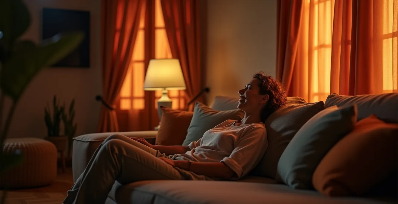 Salón español transformándose en modo cine con iluminación tenue y persianas bajándose automáticamente