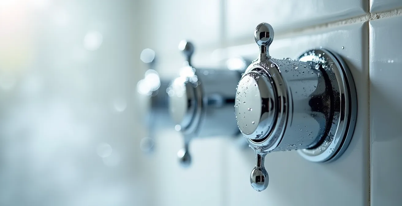 Detalle macro de un grifo termostático de ducha cromado con sistema antical, mostrando las texturas del metal y gotas de agua