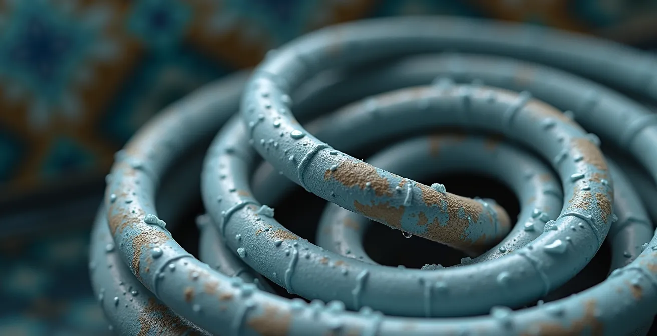 Detalle macro de resistencia de electrodoméstico con signos de deterioro por humedad