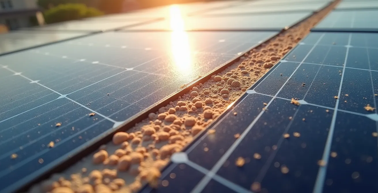 Panel solar cubierto parcialmente de polvo sahariano mostrando diferencia de rendimiento
