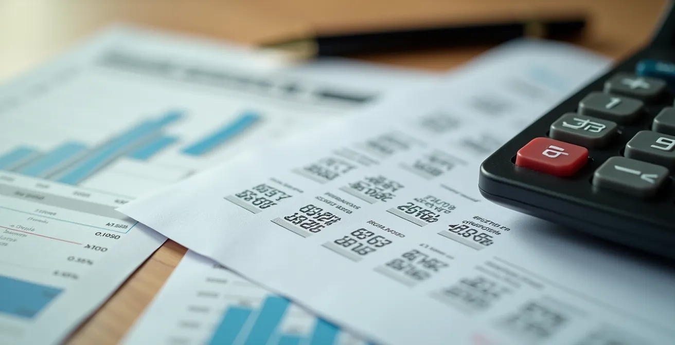 Mesa de trabajo con documentos de presupuesto eléctrico y calculadora profesional