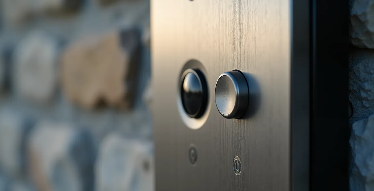 Placa de videoportero antivandálica de acero marino instalada en entrada de chalet español