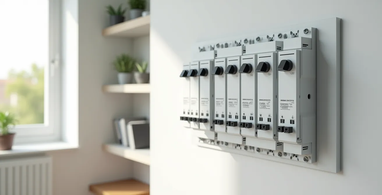 Vista amplia de cuadro eléctrico moderno español con protecciones instaladas