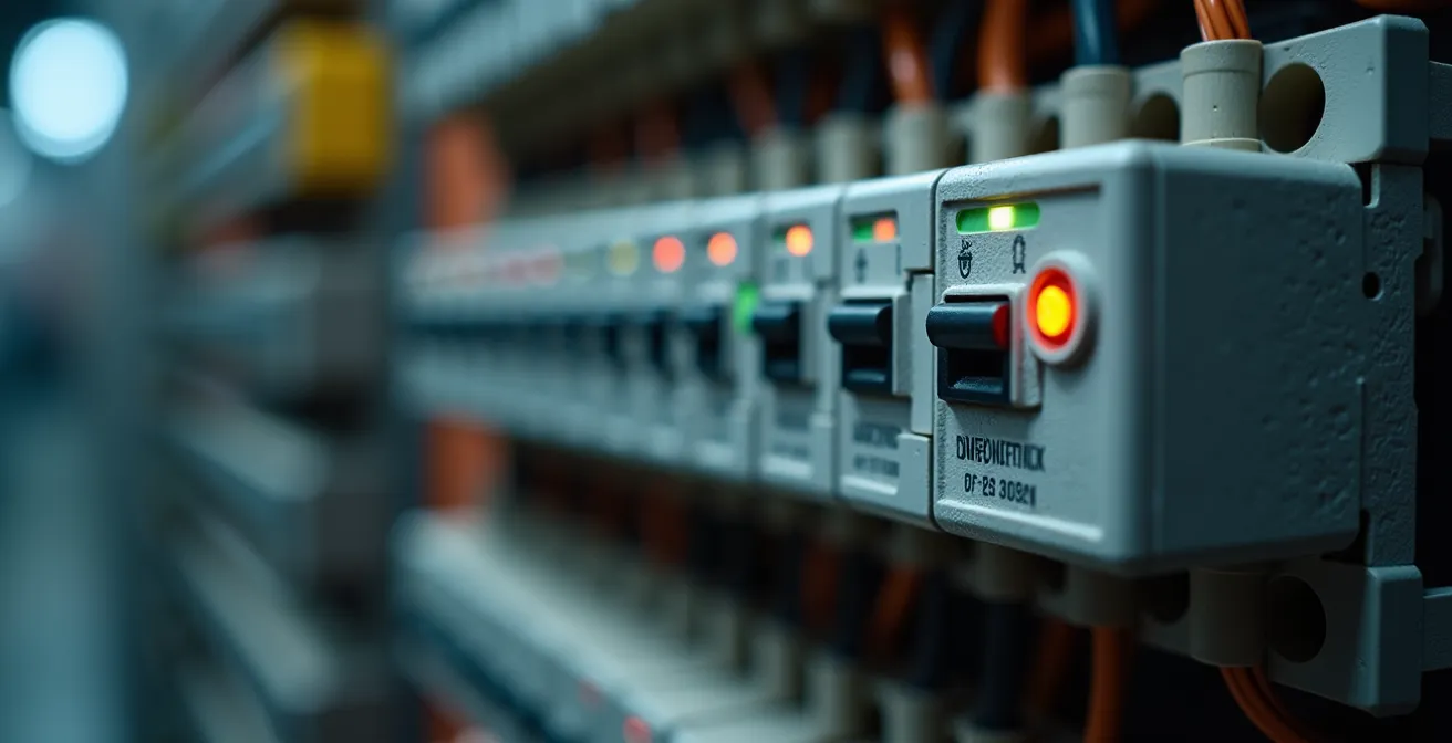 Primer plano de protector contra sobretensiones instalado en cuadro eléctrico con indicadores LED