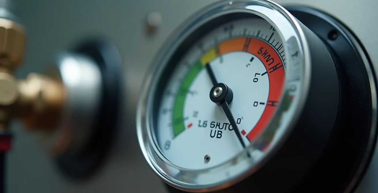 Detalle de manómetro de caldera mostrando presión correcta entre 1 y 1,5 bar