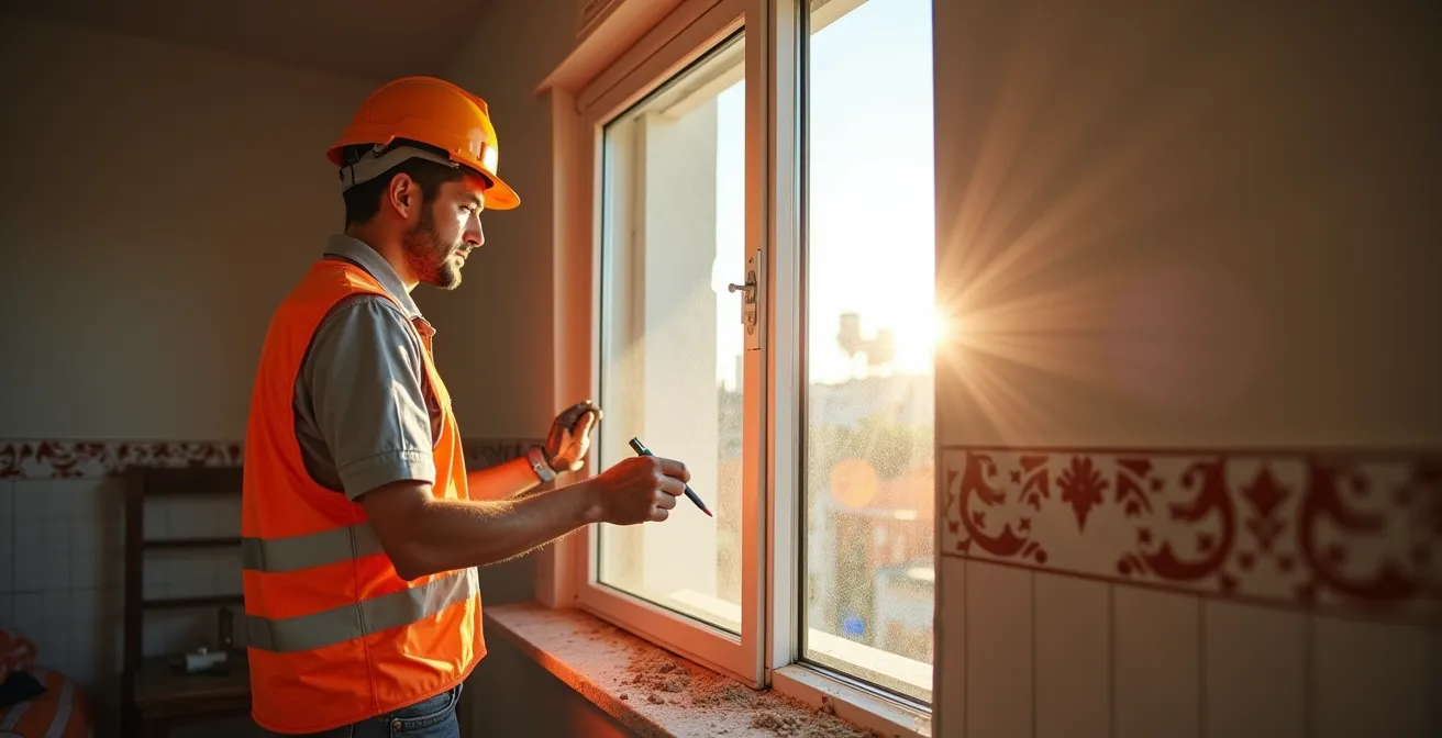 Interior de vivienda española mostrando renovación con ventanas nuevas y trabajos de aislamiento en progreso