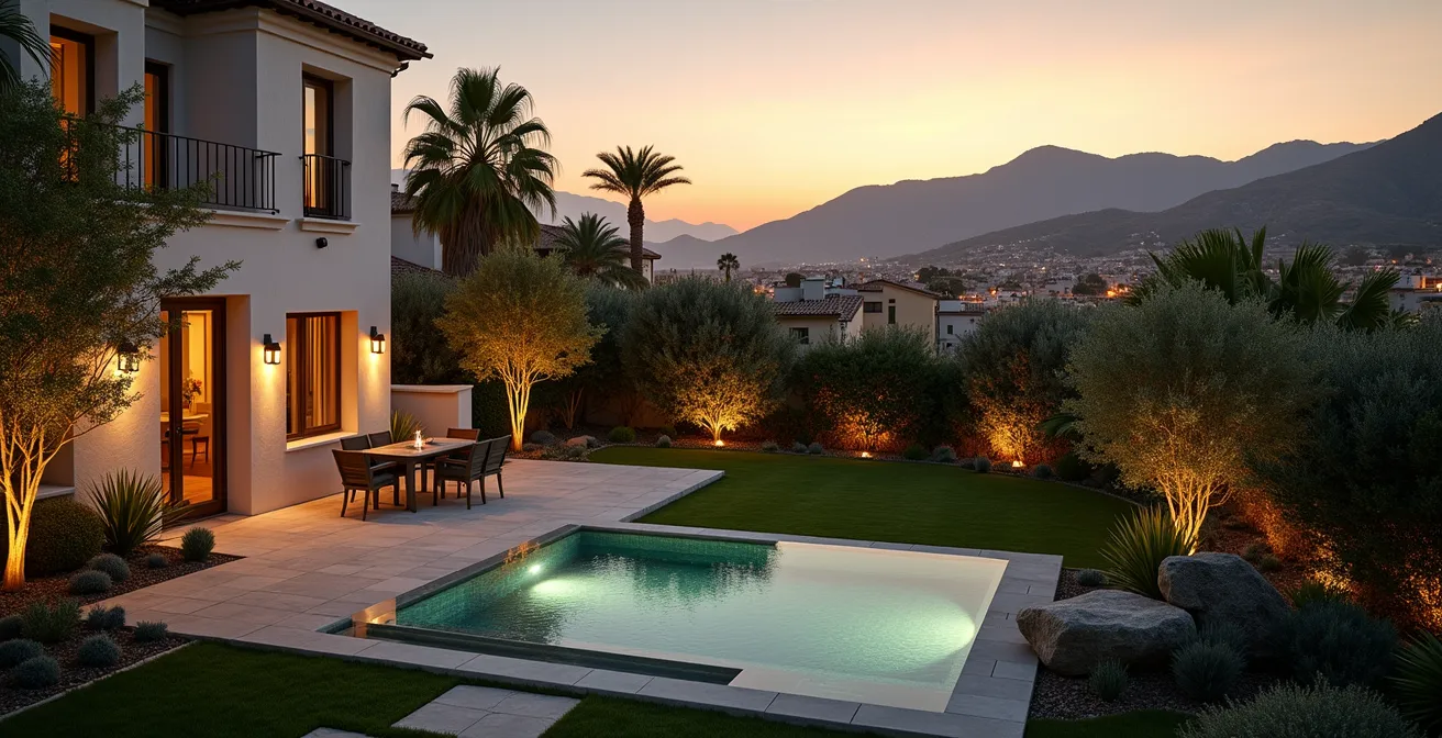 Sensores perimetrales invisibles protegiendo el jardín de un chalet español