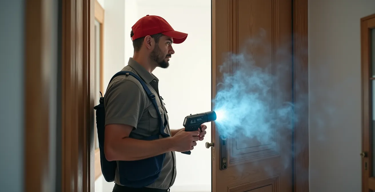 Técnico realizando ensayo Blower Door con ventilador instalado en puerta y equipos de medición de presión diferencial