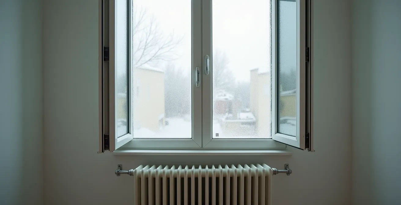 Ventana oscilobatiente en posición de ventilación con vapor de condensación visible en cristal