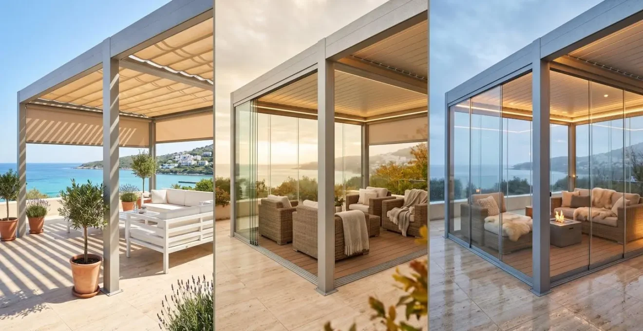 Vista aérea en tríptico de una pérgola de aluminio moderna mostrando tres configuraciones estacionales: verano con toldos laterales desplegados, otoño con cerramientos de vidrio parciales e invierno con cierre completo e iluminación LED