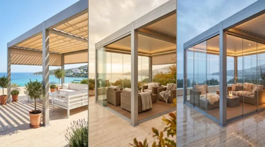 Vista aérea en tríptico de una pérgola de aluminio moderna mostrando tres configuraciones estacionales: verano con toldos laterales desplegados, otoño con cerramientos de vidrio parciales e invierno con cierre completo e iluminación LED