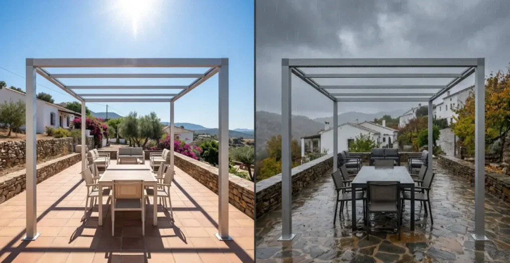 Diagrama isométrico comparativo mostrando el funcionamiento de una pérgola en verano (ventilación y protección solar) versus invierno (cerramiento y calefacción)